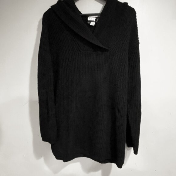 DKNY black wool hooded tunic sweater - heavy knit - size petite - Picture 1 of 7